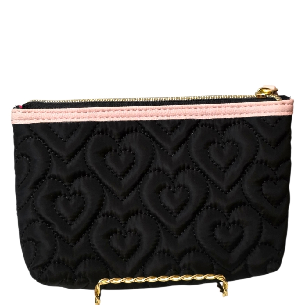 Betsey Johnson Black Heart Quilted Cosmetic Bag Pink Trim Makeup Pouch Travel - Picture 4 of 5
